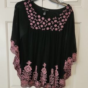 INC International Concepts Black Blouse with Pink Embroidery